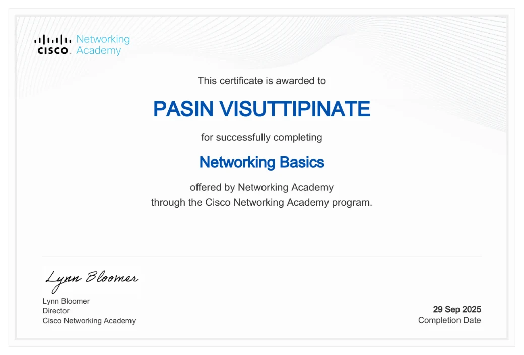 Cisco Networking Academy certificate for completing the Networking Basics course, dated 29 September 2025.