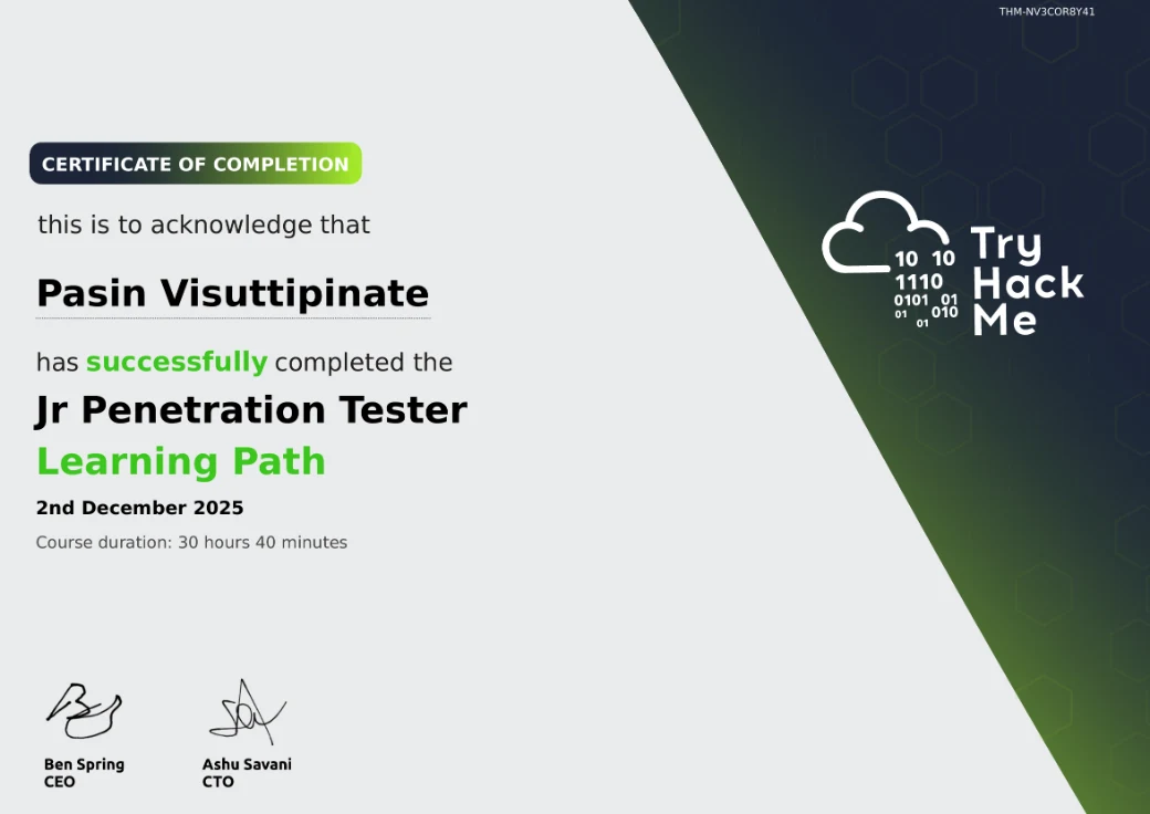 TryHackMe certificate of completion for the Jr Penetration Tester learning path, dated 2 December 2025.