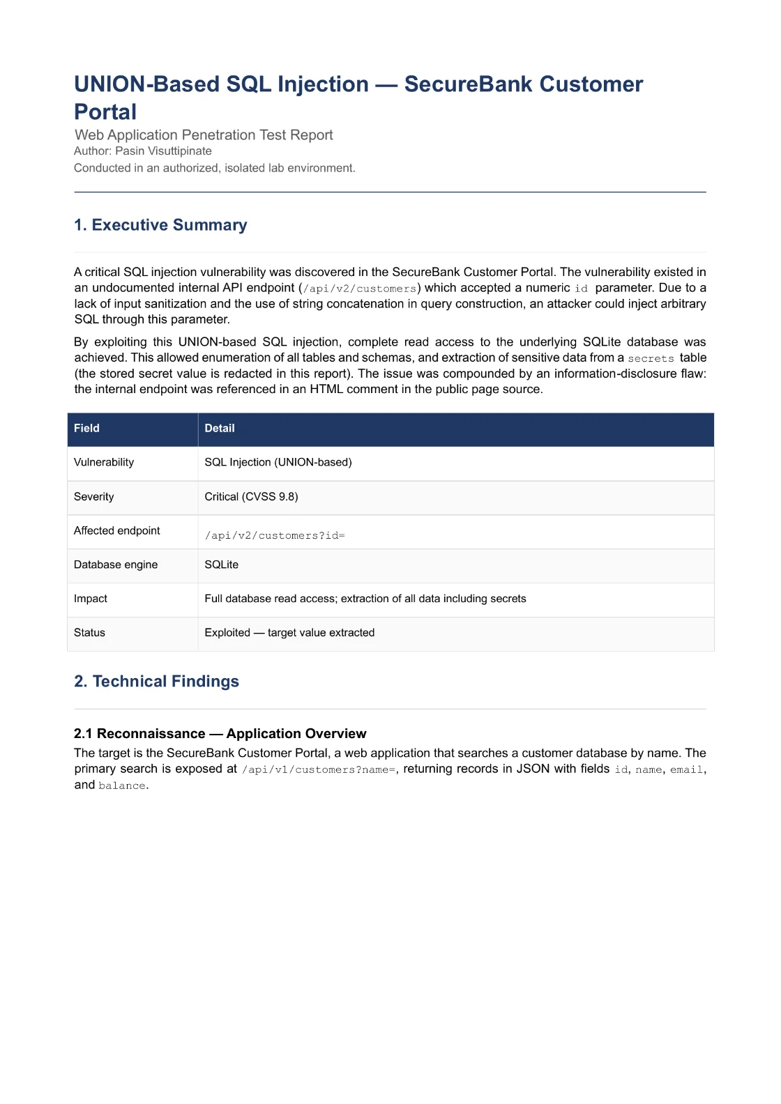The first page of a web application penetration test report on a UNION-based SQL injection, showing the executive summary and a findings table rating the issue critical at CVSS 9.8.