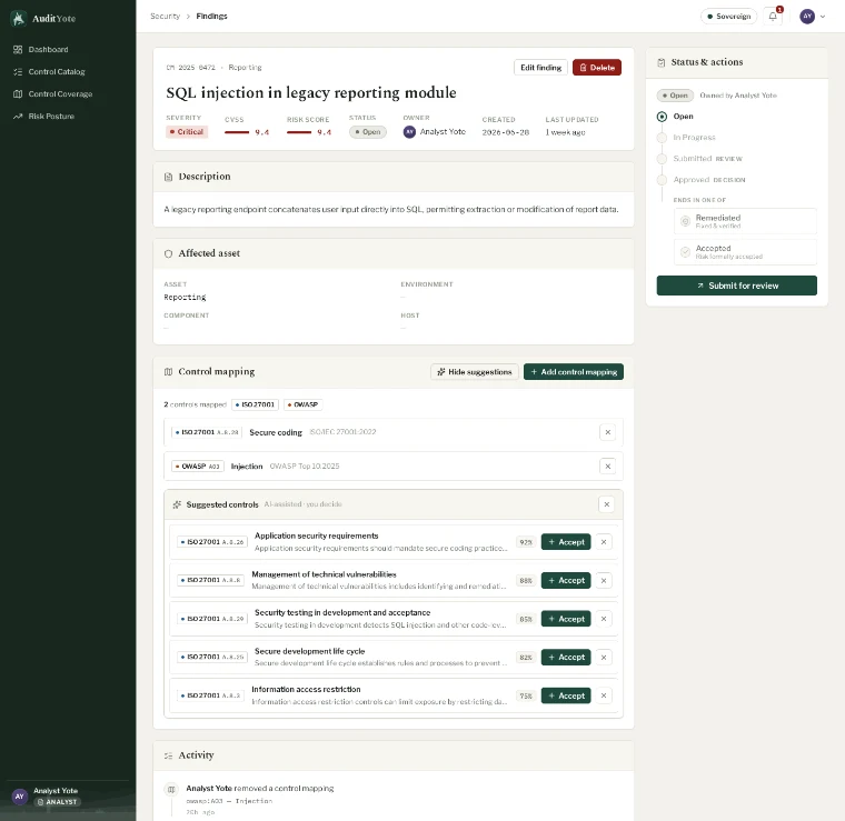 The AI control mapping panel, suggesting framework controls for a SQL injection finding with a confidence score and rationale.